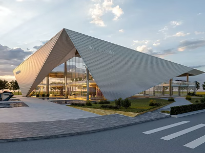 Modern Architectural Building Featuring Geometric Facade Metal Glass Structure And Landscaped Garden Roadway Sunset Sky 3d model
