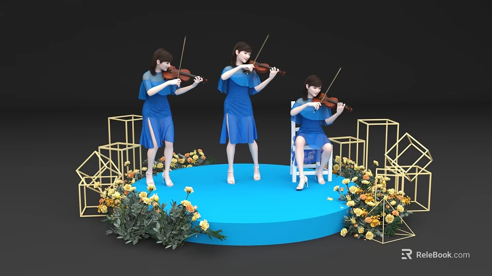 Stage with three women in blue dresses playing violins with yellow flowers and golden frames 3d model 