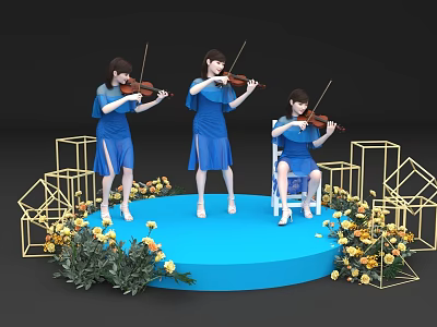 Stage with three women in blue dresses playing violins with yellow flowers and golden frames 3d model