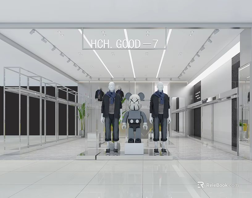 Modern Clothing Store With Glass Window Display Mannequins And Clothing Racks In Bright Interior 3d model 