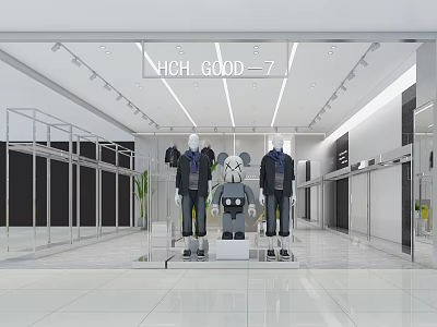 Modern Clothing Store With Glass Window Display Mannequins And Clothing Racks In Bright Interior 3d model