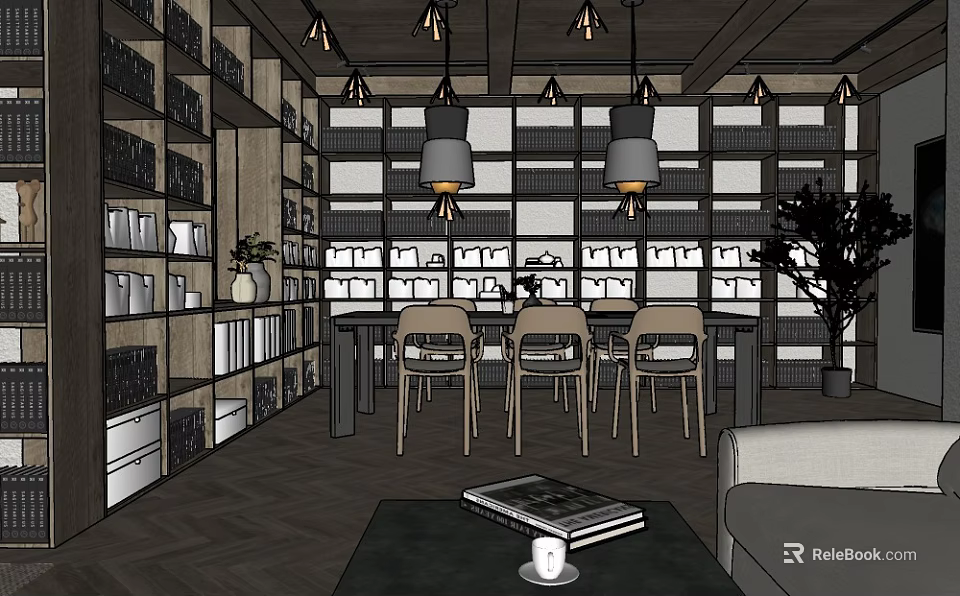 Modern Office Interior With Bookshelves Pendant Lights Tables Chairs Sofa Coffee Table And Plants 3d model 