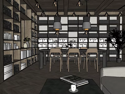 Modern Office Interior With Bookshelves Pendant Lights Tables Chairs Sofa Coffee Table And Plants 3d model