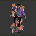 Game Anime Character in Purple Jacket with Red Letter Surrounded by Yellow Big Eyed Creatures