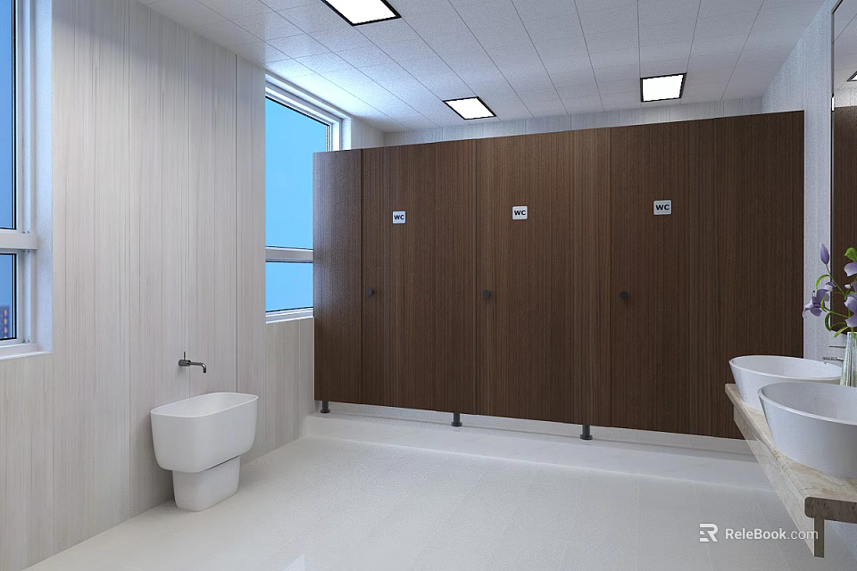 Public Restroom Interior With Wooden Stalls Urinal Window And White Tiled Floor 3d model 