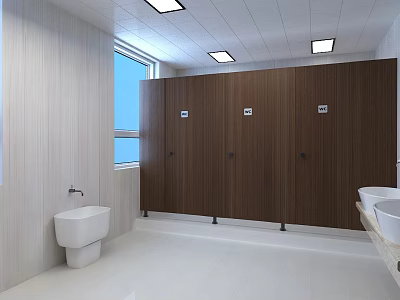 Public Restroom Interior With Wooden Stalls Urinal Window And White Tiled Floor 3d model