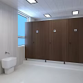 Public Restroom Interior With Wooden Stalls Urinal Window And White Tiled Floor