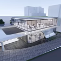 Modern Contemporary Building Exterior Design With White Walls Glass Windows And Person Riding Scooter