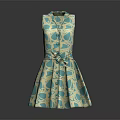 Sleeveless Belted Dress With Light Green Beige And Blue Patterns A Line Skirt