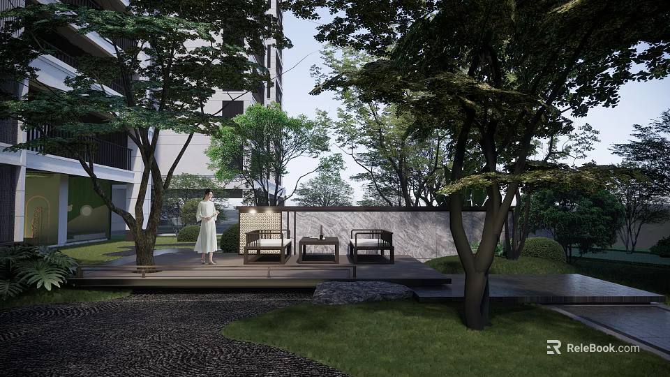 Tranquil Garden Landscape With Tall Trees Lush Lawn Stone Pathway And Outdoor Seats 3d model 