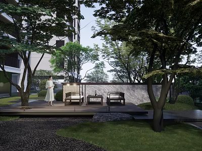 Tranquil Garden Landscape With Tall Trees Lush Lawn Stone Pathway And Outdoor Seats 3d model
