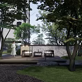 Tranquil Garden Landscape With Tall Trees Lush Lawn Stone Pathway And Outdoor Seats
