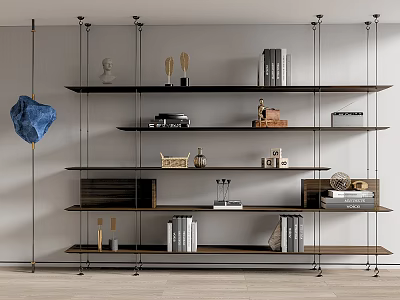 Modern Floating Bookshelf With Wooden Shelves Metal Brackets Books And Decorative Items 3d model