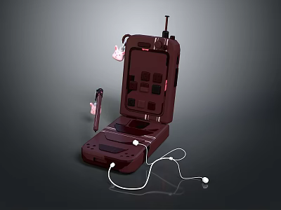 Vintage Crimson Red Computer With Foldable Structure Attached Headphones Antenna And Open Panel Design 3d model