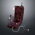 Vintage Crimson Red Computer With Foldable Structure Attached Headphones Antenna And Open Panel Design