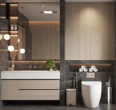 Modern Luxury Bathroom Vanity with Marble Countertop Mirror Green Plant and Rolled Towels 3d model