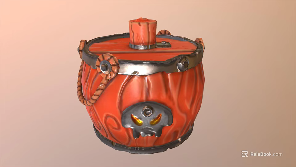 Orange Barrel shaped Decorative Ornament With Red Lid Silver Metal Rings Rope And Skull Design 3d model 
