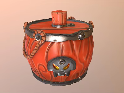 Orange Barrel shaped Decorative Ornament With Red Lid Silver Metal Rings Rope And Skull Design 3d model