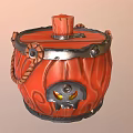 Orange Barrel shaped Decorative Ornament With Red Lid Silver Metal Rings Rope And Skull Design