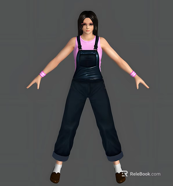 Woman in Pink Tank Top and Black Overalls with Pink Wristbands Standing Pose 3d model 