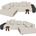 White Sectional Sofa With Multiple Pillows Dark Throw Blanket And Wooden Stool 3d model