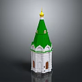 Traditional Architectural Structure Featuring Green Spire Golden Top White Body Arched Windows And Arched Door