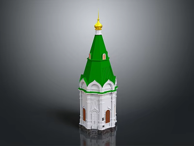 Traditional Architectural Structure Featuring Green Spire Golden Top White Body Arched Windows And Arched Door 3d model