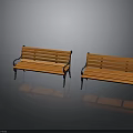 Two Orange Wooden Benches With Black Metal Frames In Modern Setting