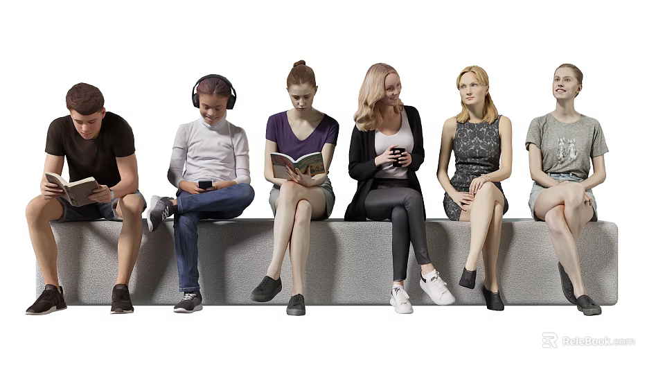 Group of People Sitting on Bench Engaging in Reading Using Phones and Talking 3d model 