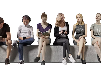Group of People Sitting on Bench Engaging in Reading Using Phones and Talking 3d model