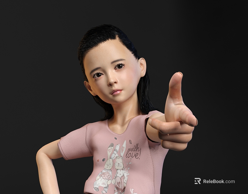 Woman In Pink T-shirt With Rabbit Design Pointing Thumb At Camera On Dark Background 3d model 