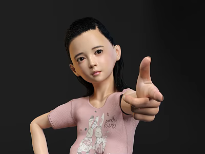Woman In Pink T-shirt With Rabbit Design Pointing Thumb At Camera On Dark Background 3d model