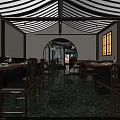 Traditional Chinese Restaurant Interior Featuring Wooden Tables Chairs Arched Doorway Green Floor And Yellow Windows