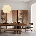 Modern Restaurant Space Featuring Wooden Dining Table Chairs Bench Round Pendant Light And Landscape Screen