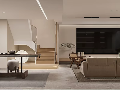 Modern Living Room Interior With Beige Sofa Black TV Wall And Wooden Stairs 3d model
