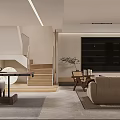 Modern Living Room Interior With Beige Sofa Black TV Wall And Wooden Stairs