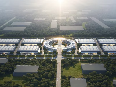 Modern Industrial Factory Complex With Central Circular Building Green Landscaping And Roads 3d model