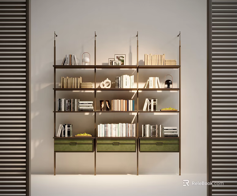 Modern Bookcase Interior Design With Multilayer Shelves Books Photo Frames And Green Drawers 3d model 