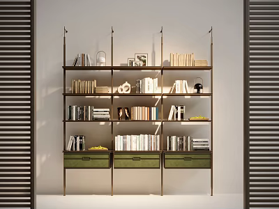 Modern Bookcase Interior Design With Multilayer Shelves Books Photo Frames And Green Drawers 3d model