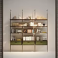Modern Bookcase Interior Design With Multilayer Shelves Books Photo Frames And Green Drawers