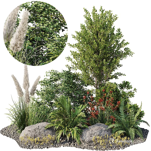 Lush Shrub Garden With Green Foliage Red Flowers Stones And Natural Greenery 3d model 