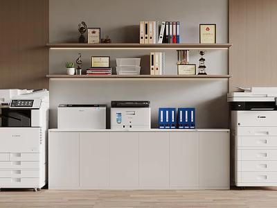 Office Workspace With Printers File Cabinets And Shelves Holding Trophies Binders 3d model