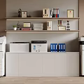 Office Workspace With Printers File Cabinets And Shelves Holding Trophies Binders