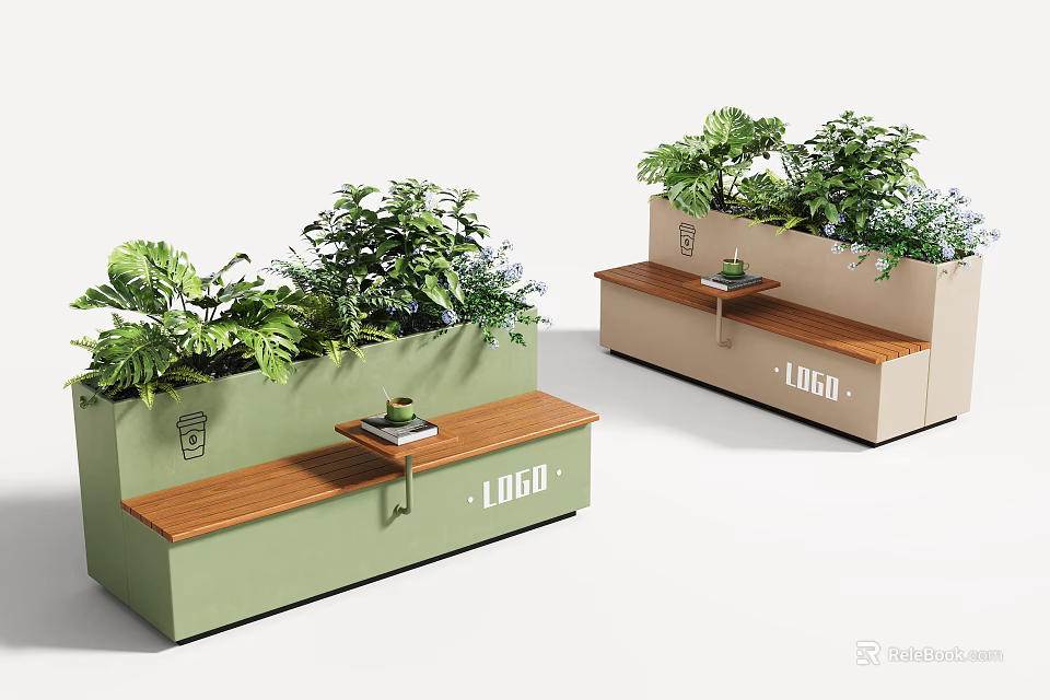 Practical Modern Outdoor Bench With Integrated Planter Custom Logo Wooden Seat For Commercial Leisure Areas 3d model 