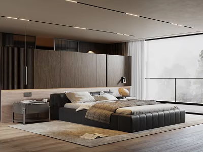 Modern Bedroom Interior With Black Leather Bed Wooden Wall Panel And Large Window 3d model