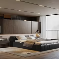 Modern Bedroom Interior With Black Leather Bed Wooden Wall Panel And Large Window