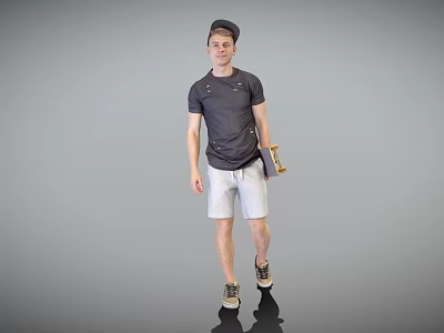 Man Wearing Cap Dark T-Shirt Light Shorts Holding Horn In Grey Background With Reflection 3d model