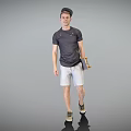 Man Wearing Cap Dark T-Shirt Light Shorts Holding Horn In Grey Background With Reflection