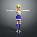 Anime Character With Blonde Hair White Top Blue Skirt Purple Socks Pink Shoes Arms Outstretched