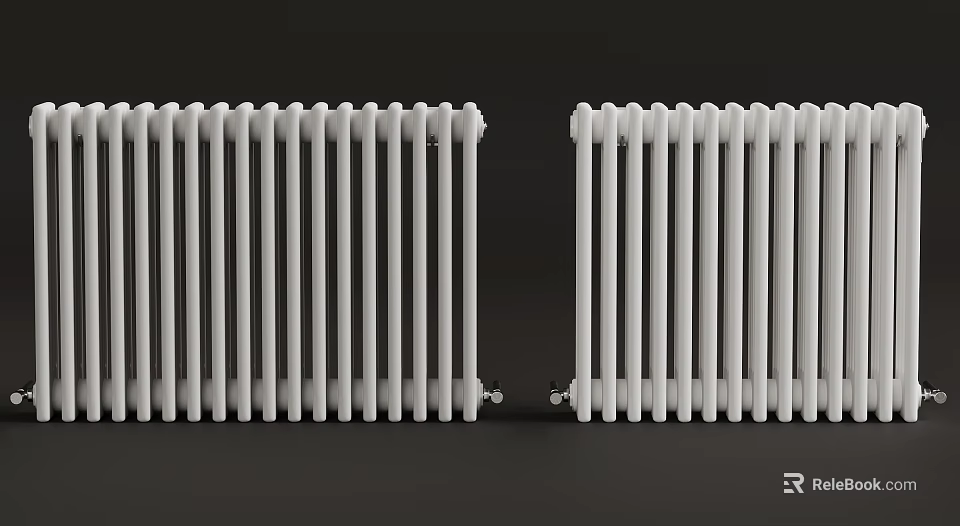 Two White Traditional Radiators With Vertical Columns On Dark Background 3d model